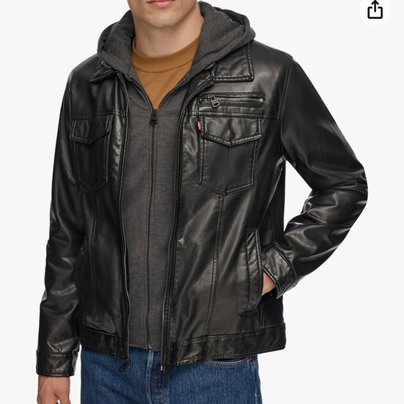 Levi's Strauss & Co. Mens Black Leather Like Jacket with hoodie. XXL - Picture 10 of 11